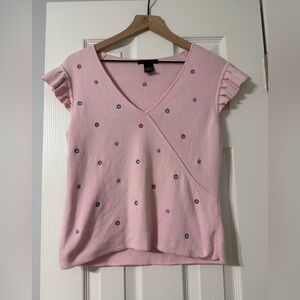 Baby pink Y2K vintage eagle eyes floral embroidered V-neck top size L 100%cotton